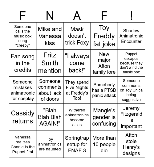 Five Nights at Freddy's 2 (Film) Bingo Card