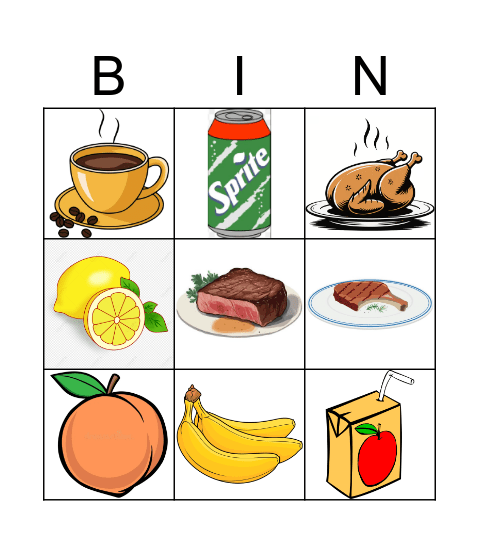 La comida Bingo Card