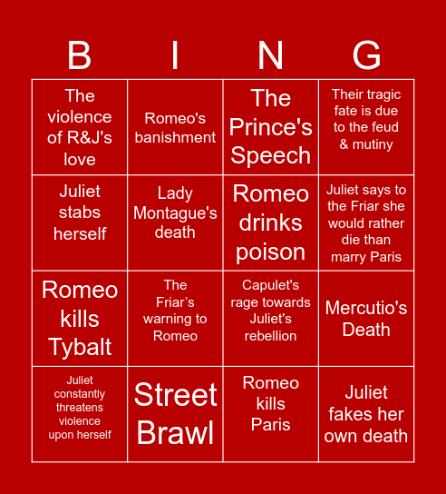 Violence in Romeo & Juliet!! Bingo Card
