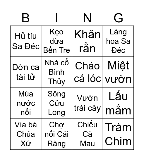 Đặc trưng Đồng Bằng sông Cửu Long Bingo Card