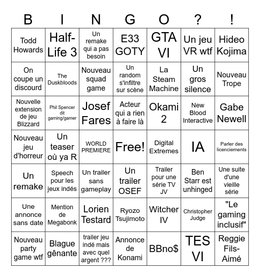 Game Awards 2025 Bingo Card