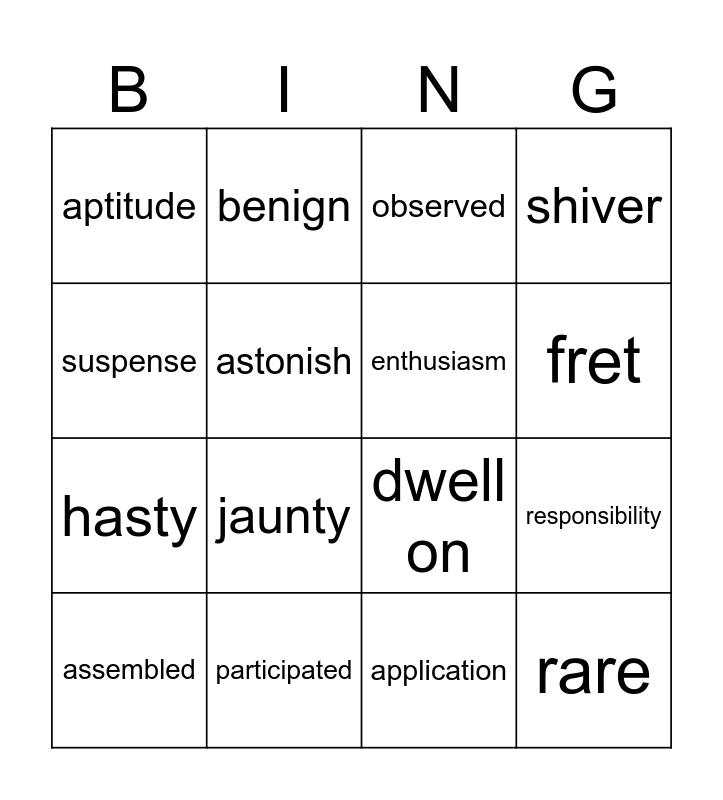 Vocabulary Unit 5 Bingo Card