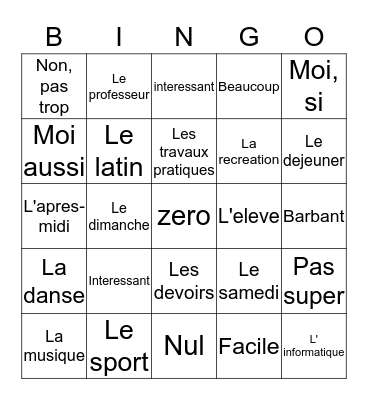 Vive L'ecole! Bingo Card