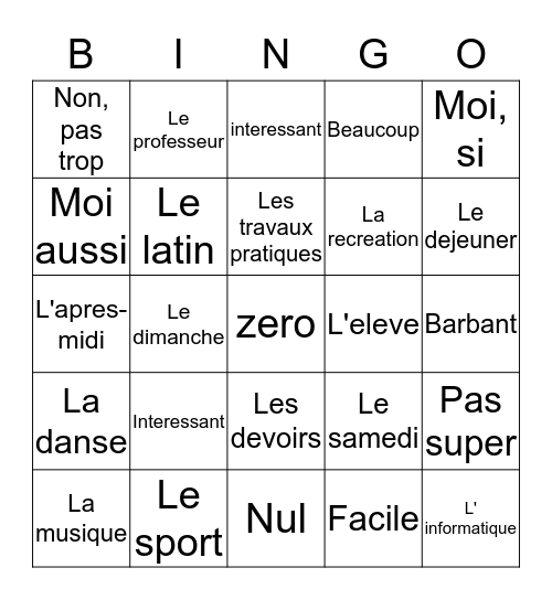 Vive L'ecole! Bingo Card