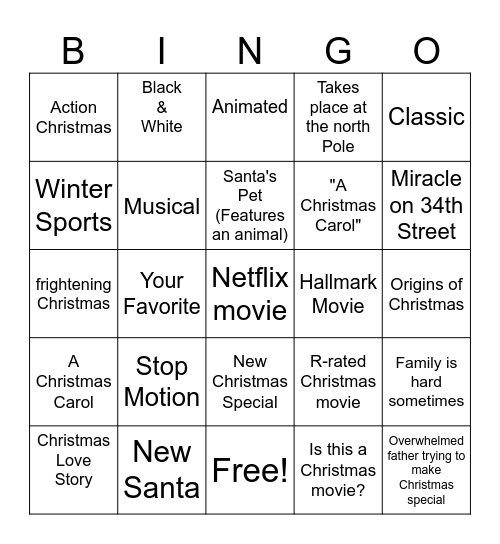 Christmas Movies Bingo Card