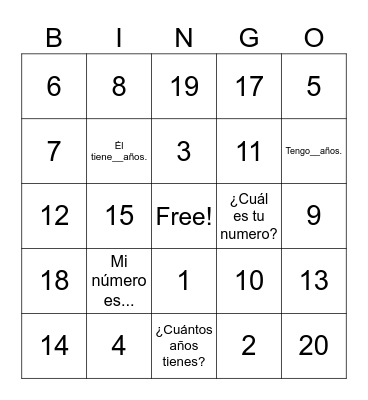 Los Numeros 0-20 Bingo Card
