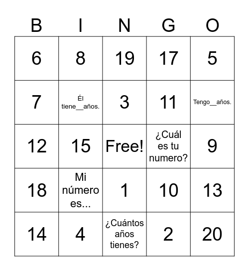 Los Numeros 0-20 Bingo Card