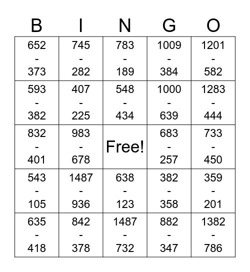 3 Digit Addition & Subtraction Bingo Card