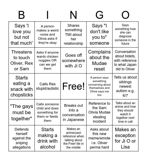 Olivia Bingo Card