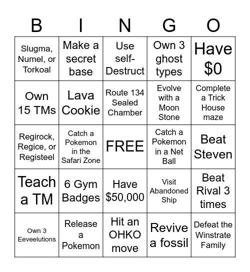 Pokémon Emerald Randomizer Bingo Card