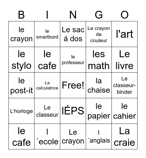 Franch Bingo Card