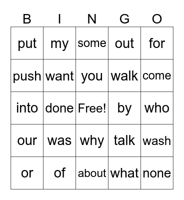 Grade 1 Heart Words Bingo Card