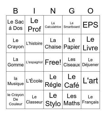 French Bingo Card
