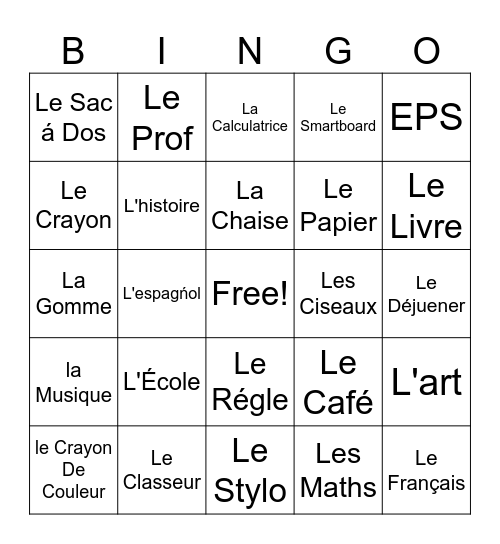 French Bingo Card
