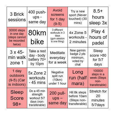 Fitness Bingo Card