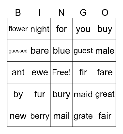 Homophones Bingo Card