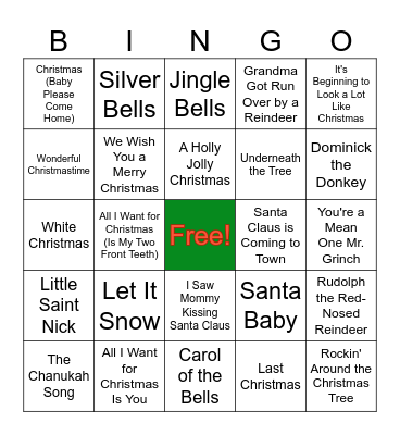 Holiday Song Bingo Card