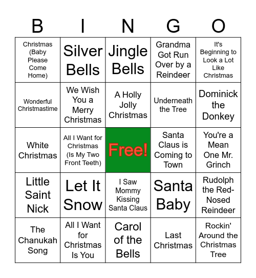 Holiday Song Bingo Card