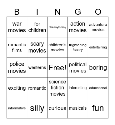 Movie Genres and Adjectives Bingo Card