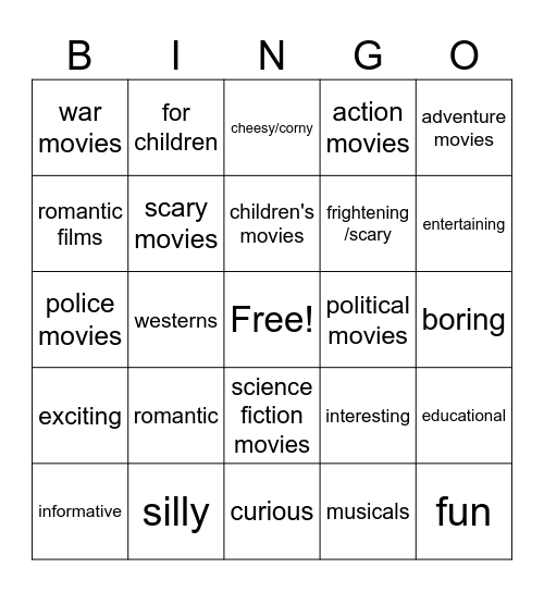 Movie Genres and Adjectives Bingo Card