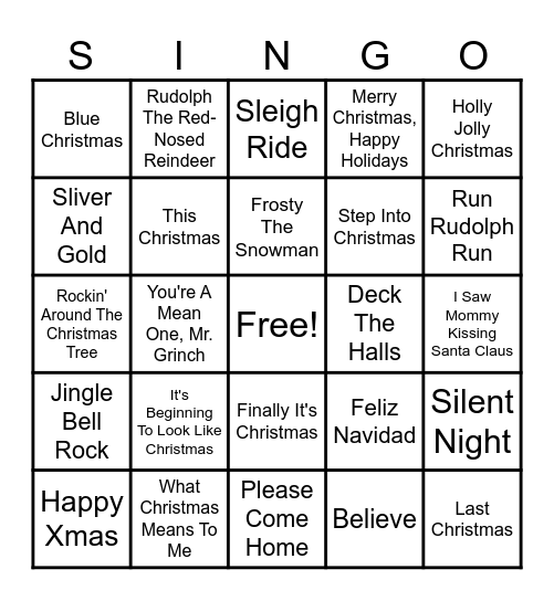 Christmas Singo Bingo Card