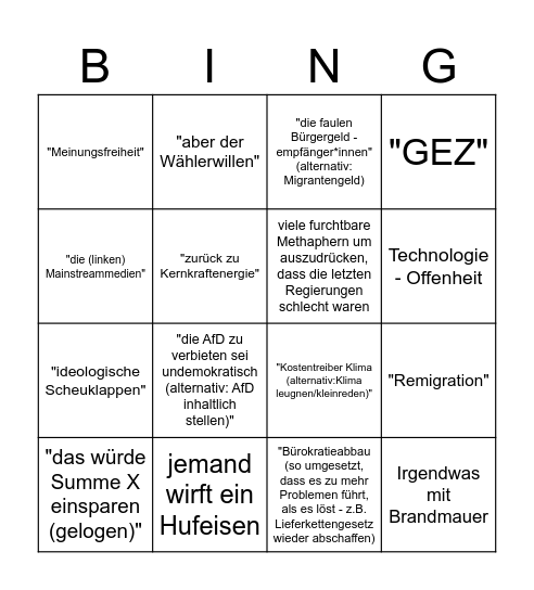 Rechtspopulisten-Bingo Card
