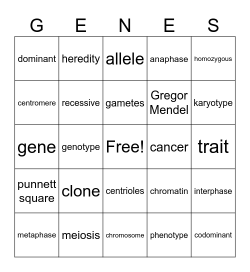Genetics Bingo Card
