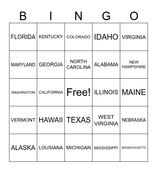 States ASL Practice Bingo Card