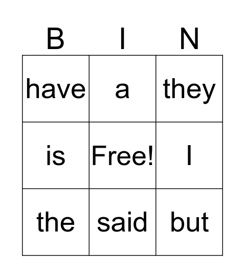 Sight Words 1 Bingo Card