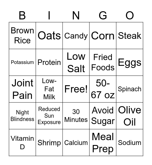 Geriatric Nutrition Bingo Card