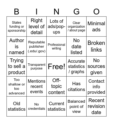 CRAAP TEST Bingo Card