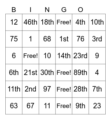 CARDINAL & ORDINAL NUMBERS Bingo Card