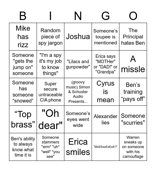 Spy School Bingo Card
