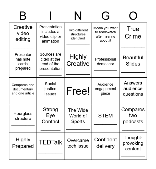 Longform Presentation Bingo Card