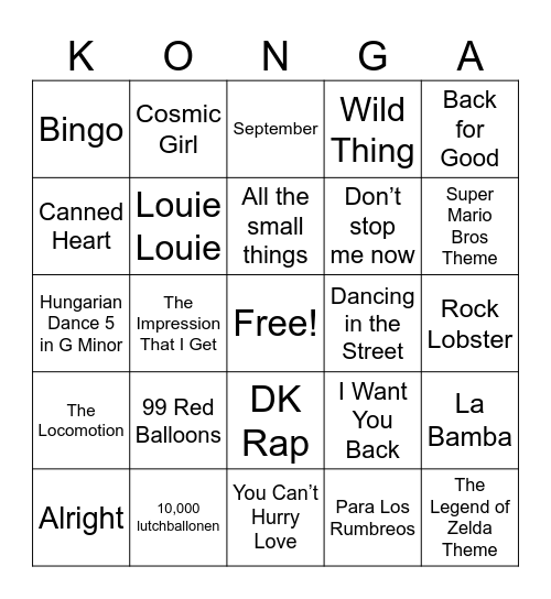 Donkey Konga Bingo Card