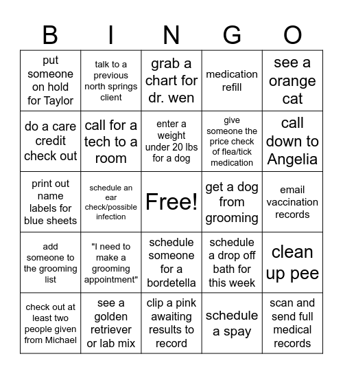 Front Desk Vet Bingo Card