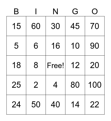 Multiplication Bingo Card