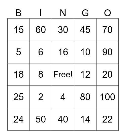 Multiplication Bingo Card