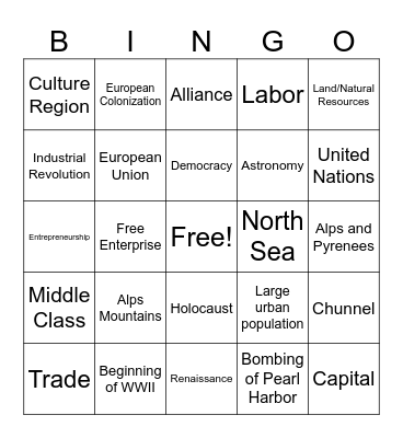 Europe Bingo Card
