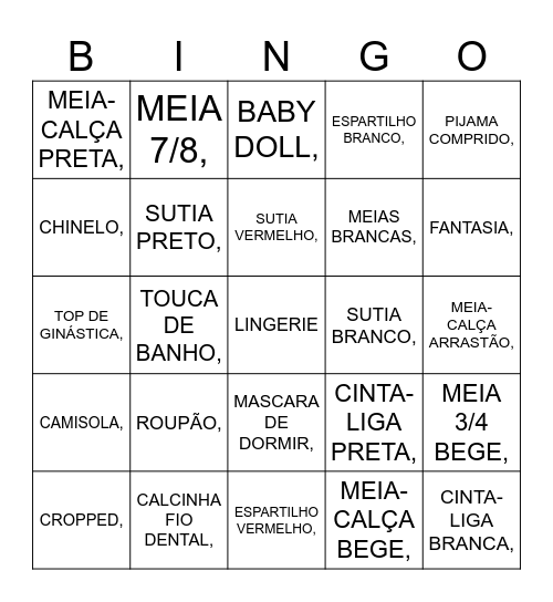 CHÁ DE LINGERIE Bingo Card