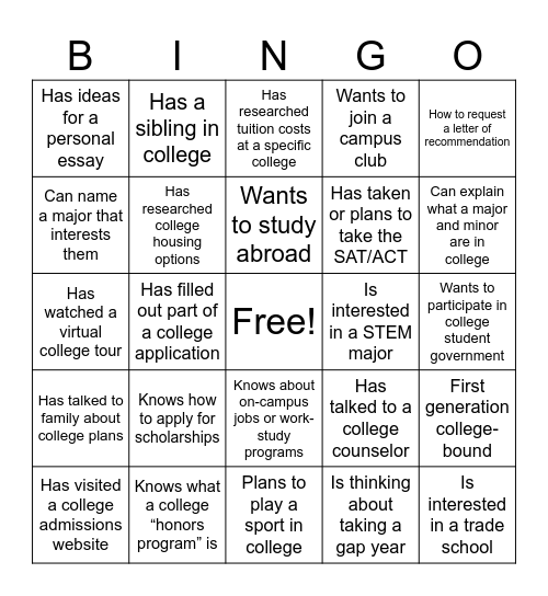 Planning Your Future (College/Trade School) Bingo Card