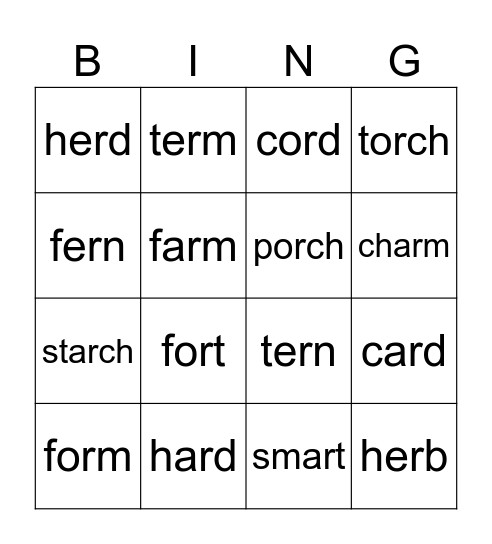 R Controlled Vowel Bingo Card