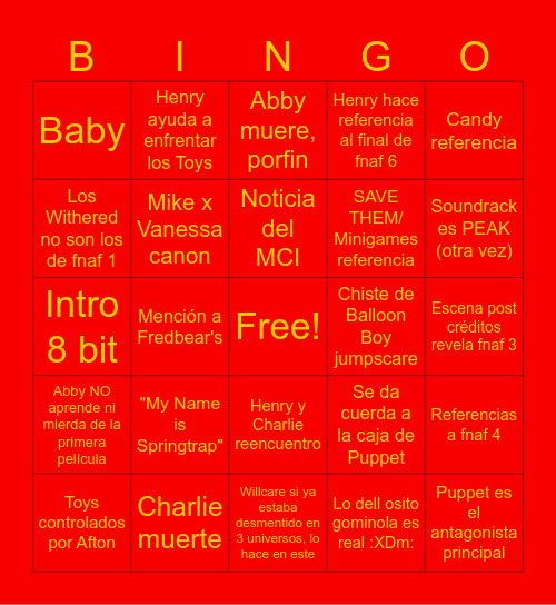 FNAF 2 Bingo Card