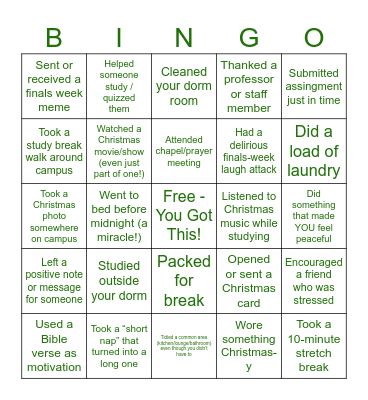 December Finals Week Bingo Card