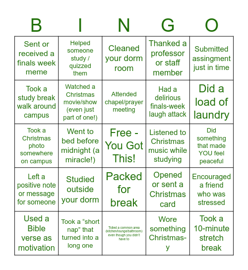 December Finals Week Bingo Card