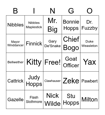 Zootopia 2 Bingo Card