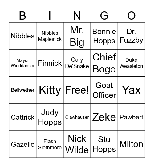 Zootopia 2 Bingo Card