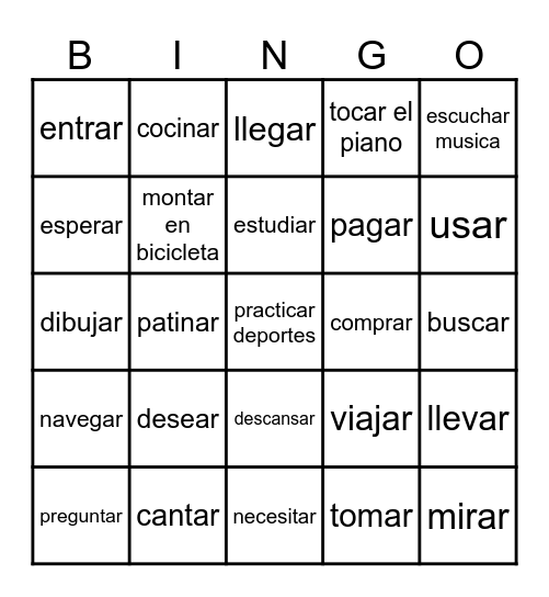 AR verbs Spanish Bingo Card