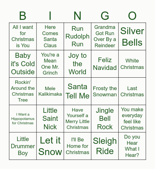 Christmas Song Bingo Card