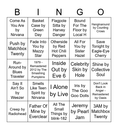 90's Alternative (REDUX) Bingo Card
